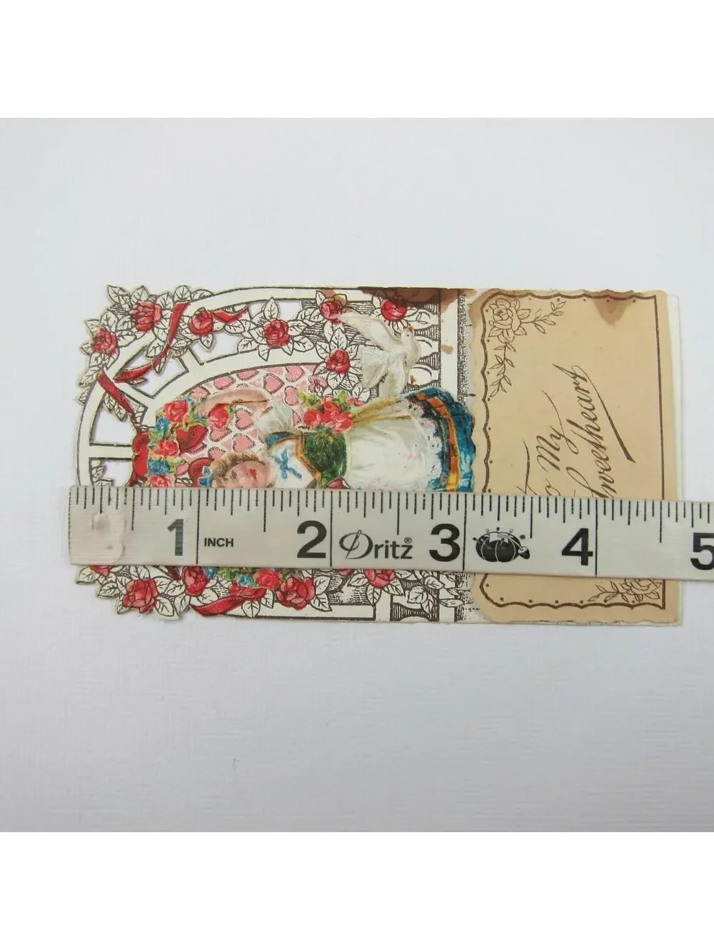Vintage Valentine 3D Pop Up Die Cut Blonde Girl Blue White Dress Red Flowers